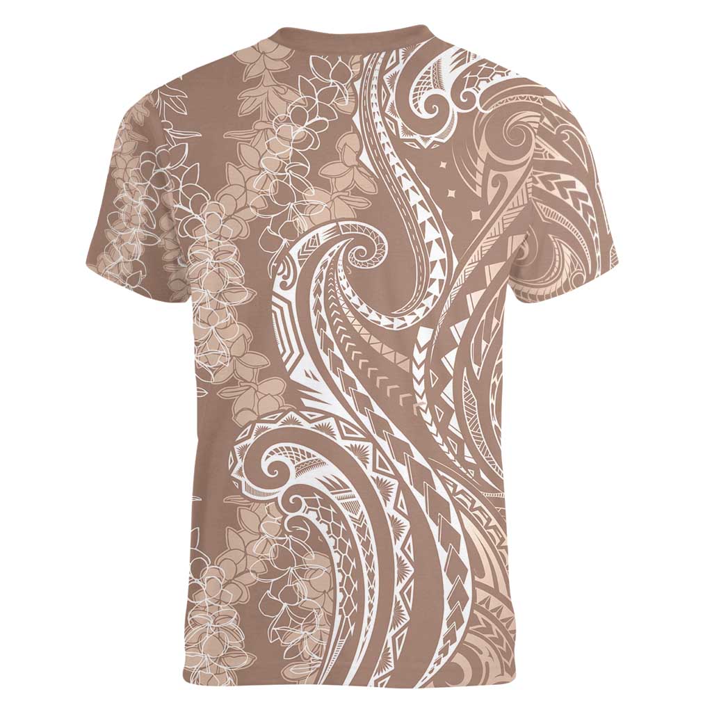 Polynesia Plumeria Lei Women V-Neck T-Shirt Beige Curves Motif