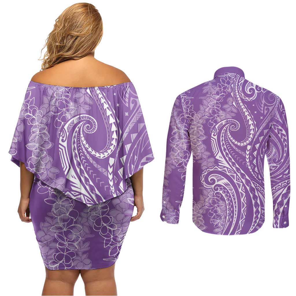 Polynesia Plumeria Lei Couples Matching Off Shoulder Short Dress and Long Sleeve Button Shirt Periwinkle Curves Motif