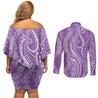 Polynesia Plumeria Lei Couples Matching Off Shoulder Short Dress and Long Sleeve Button Shirt Periwinkle Curves Motif