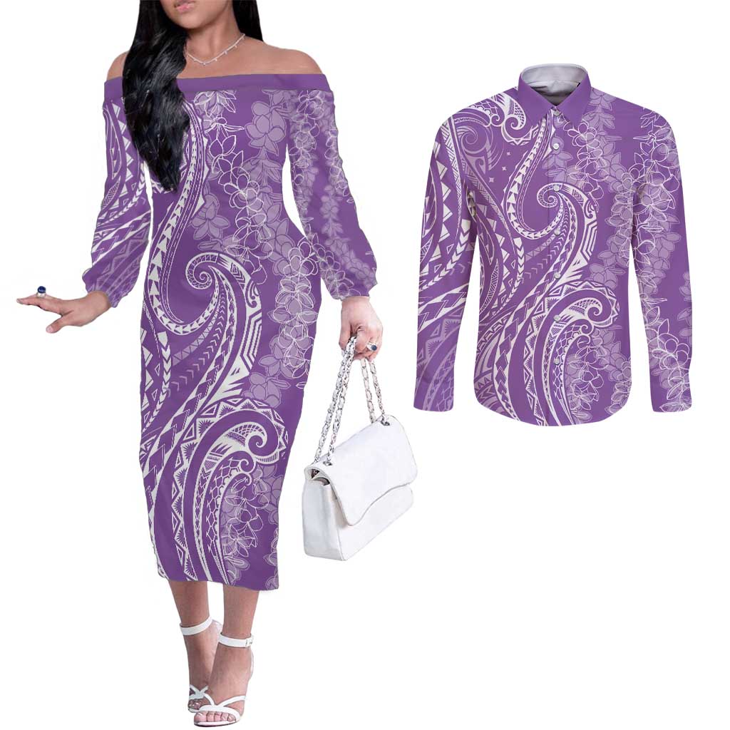 Polynesia Plumeria Lei Couples Matching Off The Shoulder Long Sleeve Dress and Long Sleeve Button Shirt Periwinkle Curves Motif