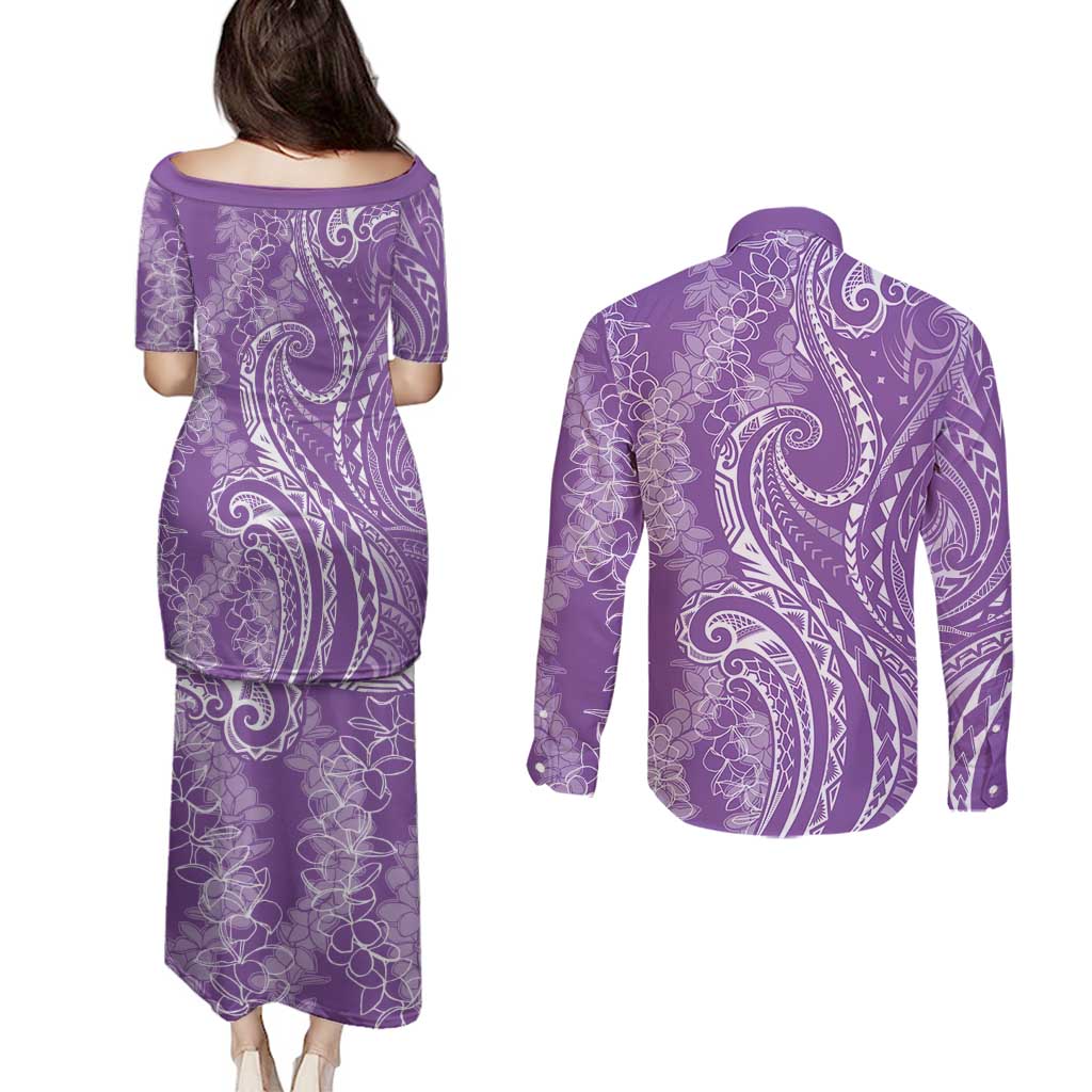 Polynesia Plumeria Lei Couples Matching Puletasi and Long Sleeve Button Shirt Periwinkle Curves Motif