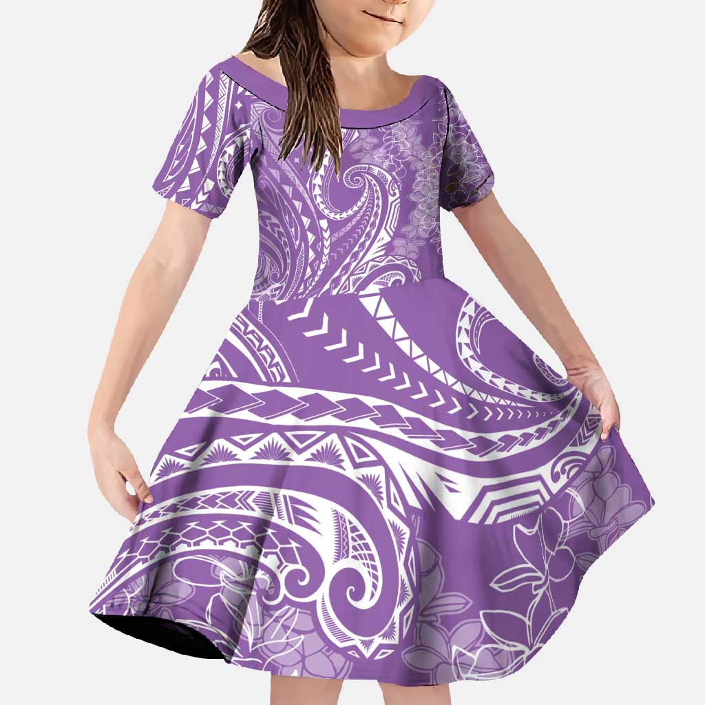 Polynesia Plumeria Lei Family Matching Long Sleeve Bodycon Dress and Hawaiian Shirt Periwinkle Curves Motif LT7 Daughter's Dress Periwinkle - Polynesian Pride