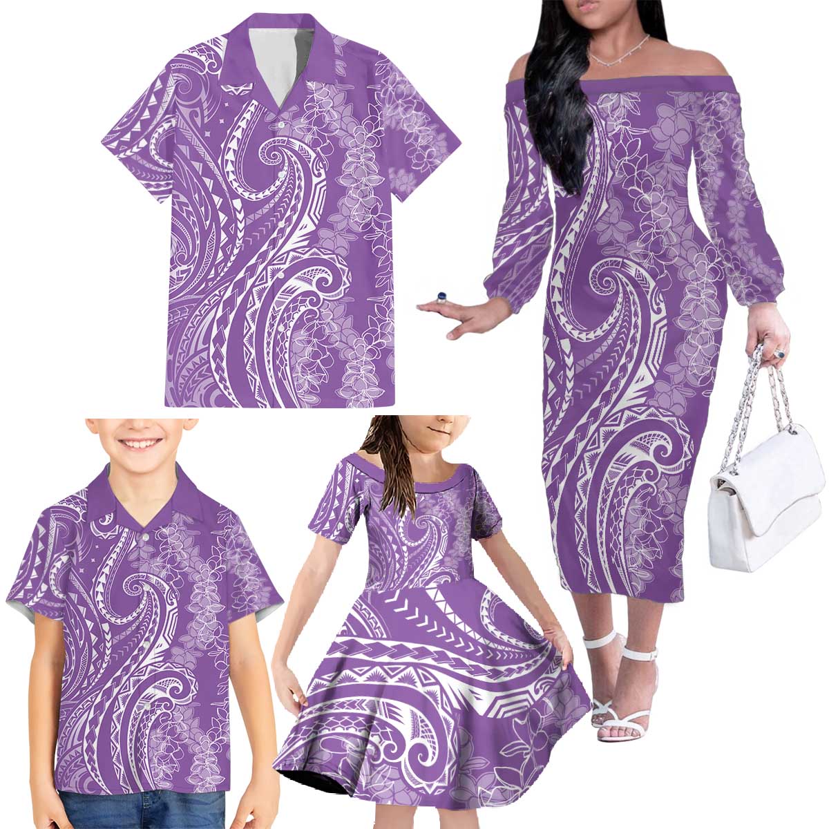 Polynesia Plumeria Lei Family Matching Off The Shoulder Long Sleeve Dress and Hawaiian Shirt Periwinkle Curves Motif LT7 - Polynesian Pride