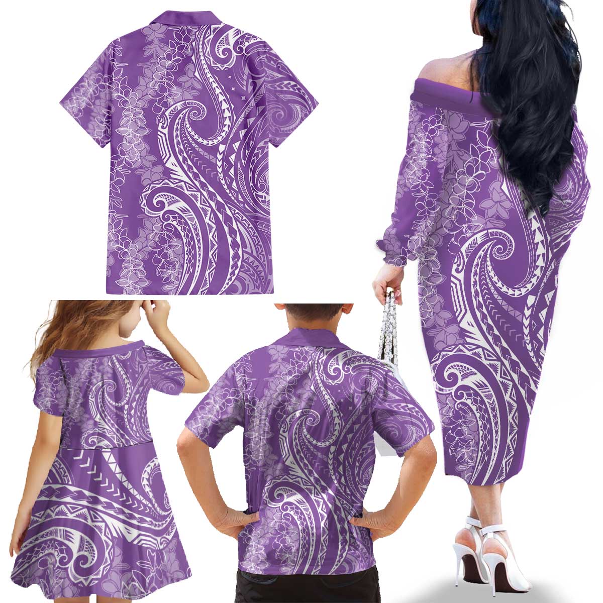 Polynesia Plumeria Lei Family Matching Off The Shoulder Long Sleeve Dress and Hawaiian Shirt Periwinkle Curves Motif LT7 - Polynesian Pride