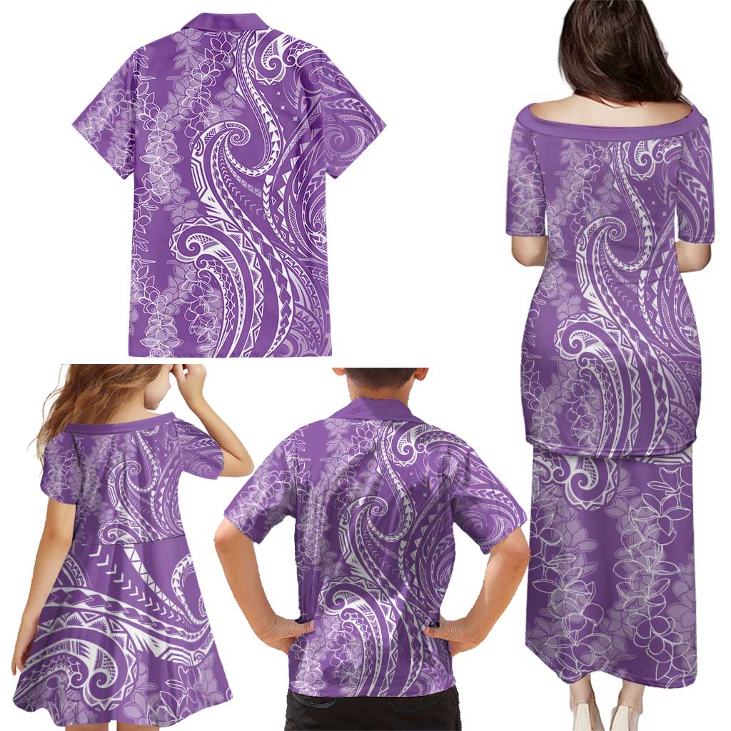 Polynesia Plumeria Lei Family Matching Puletasi and Hawaiian Shirt Periwinkle Curves Motif