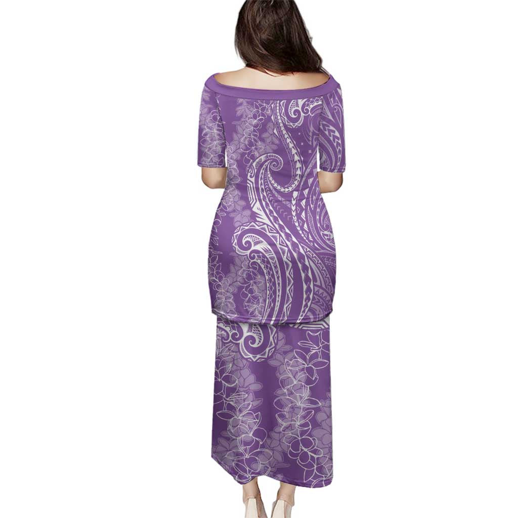 Polynesia Plumeria Lei Family Matching Puletasi and Hawaiian Shirt Periwinkle Curves Motif