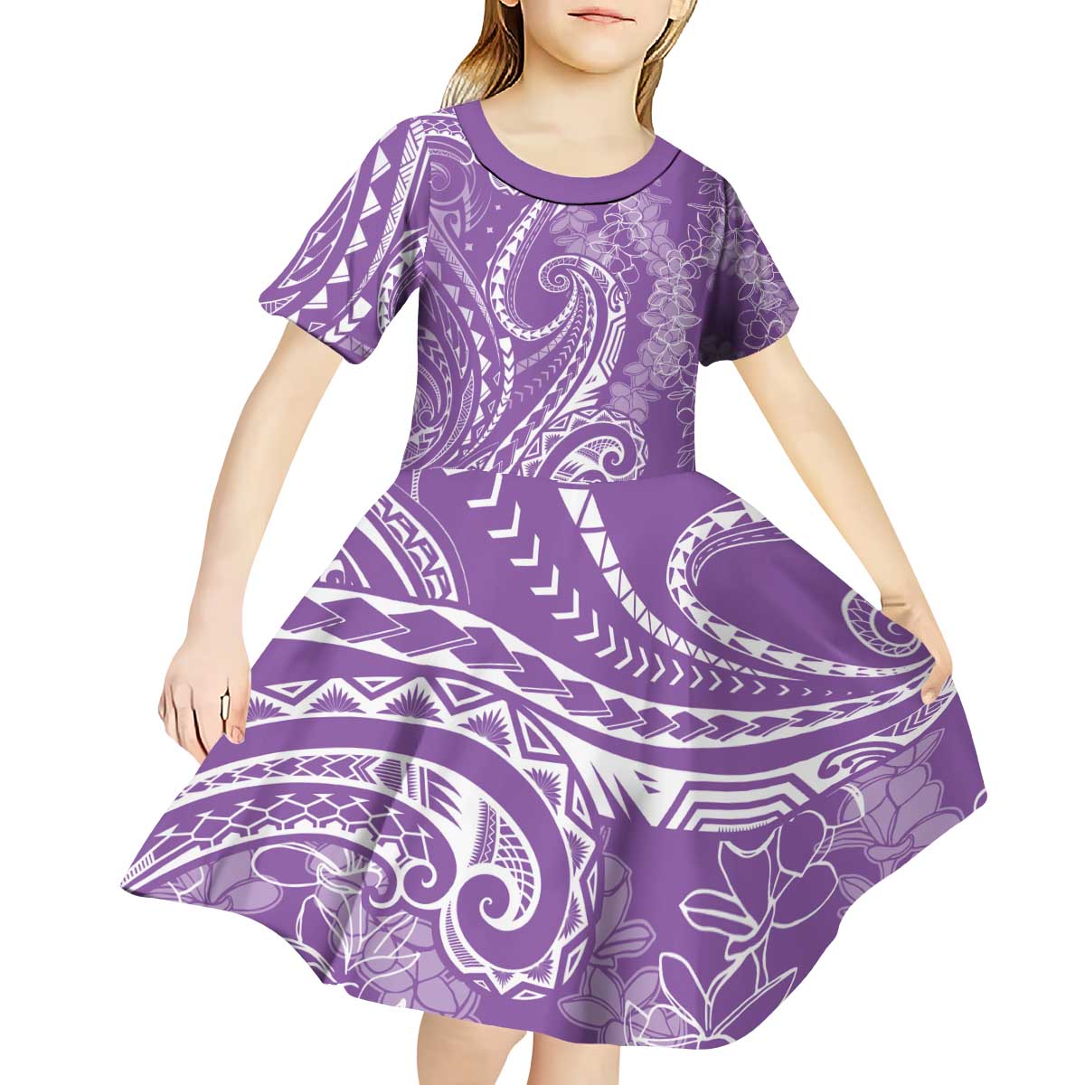 Polynesia Plumeria Lei Kid Short Sleeve Dress Periwinkle Curves Motif