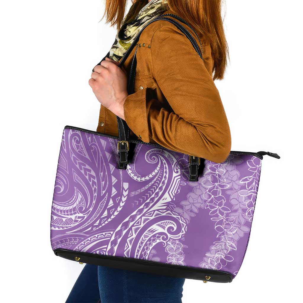 Polynesia Plumeria Lei Leather Tote Bag Periwinkle Curves Motif
