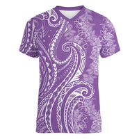 Polynesia Plumeria Lei Women V-Neck T-Shirt Periwinkle Curves Motif