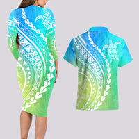 Polynesian Pride Couples Matching Long Sleeve Bodycon Dress and Hawaiian Shirt Turtle Hibiscus Luxury Style - Gradient Blue LT7 - Polynesian Pride
