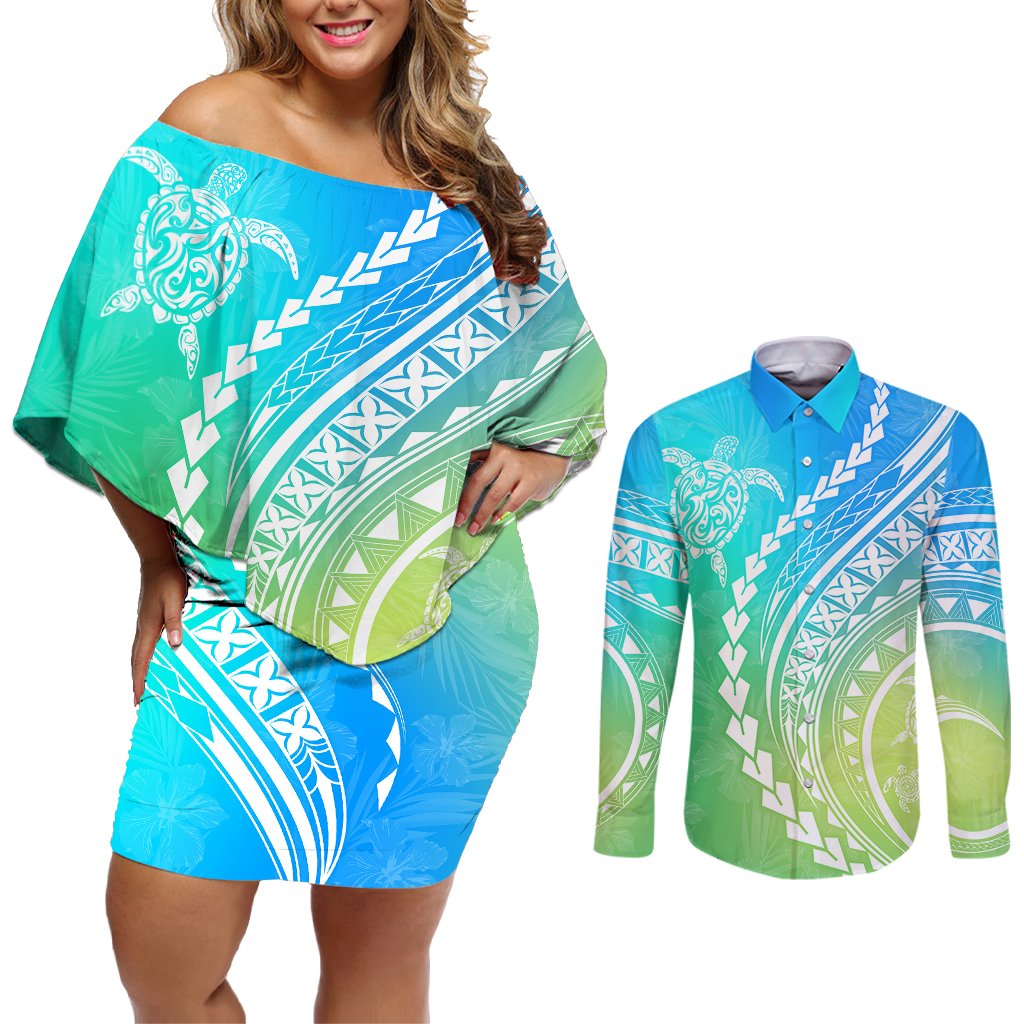 Polynesian Pride Couples Matching Off Shoulder Short Dress and Long Sleeve Button Shirts Turtle Hibiscus Luxury Style - Gradient Blue LT7 Blue Green - Polynesian Pride