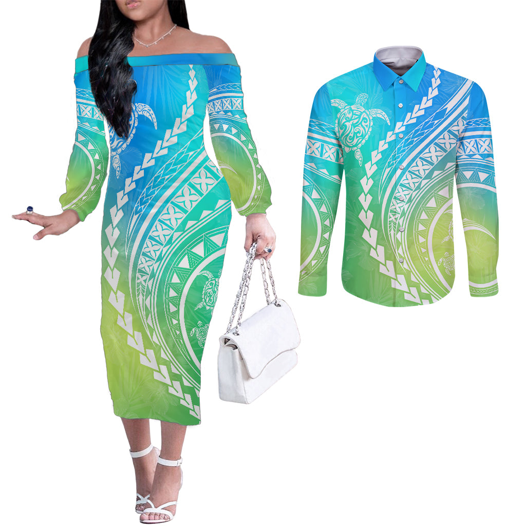 Polynesian Pride Couples Matching Off The Shoulder Long Sleeve Dress and Long Sleeve Button Shirts Turtle Hibiscus Luxury Style - Gradient Blue LT7 Blue Green - Polynesian Pride