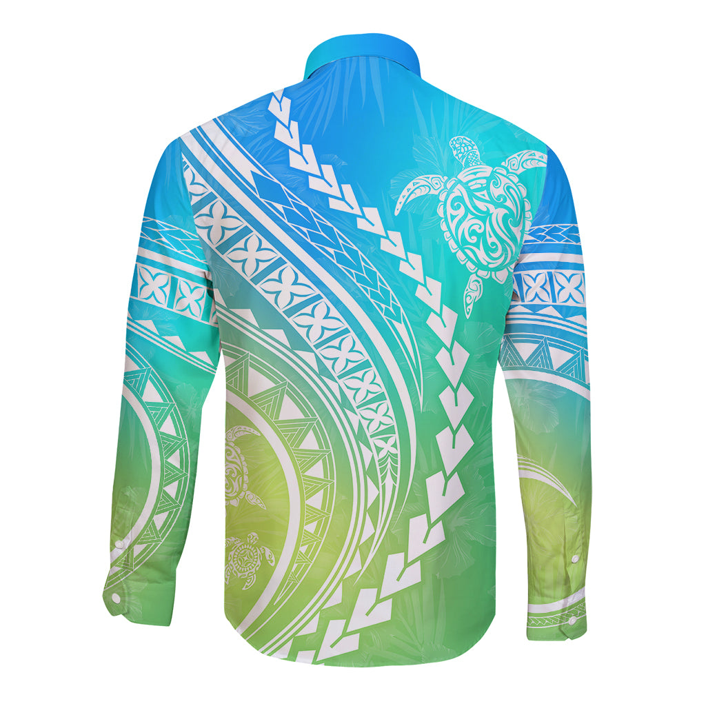 Polynesian Pride Long Sleeve Button Shirt Turtle Hibiscus Luxury Style - Gradient Blue LT7 - Polynesian Pride