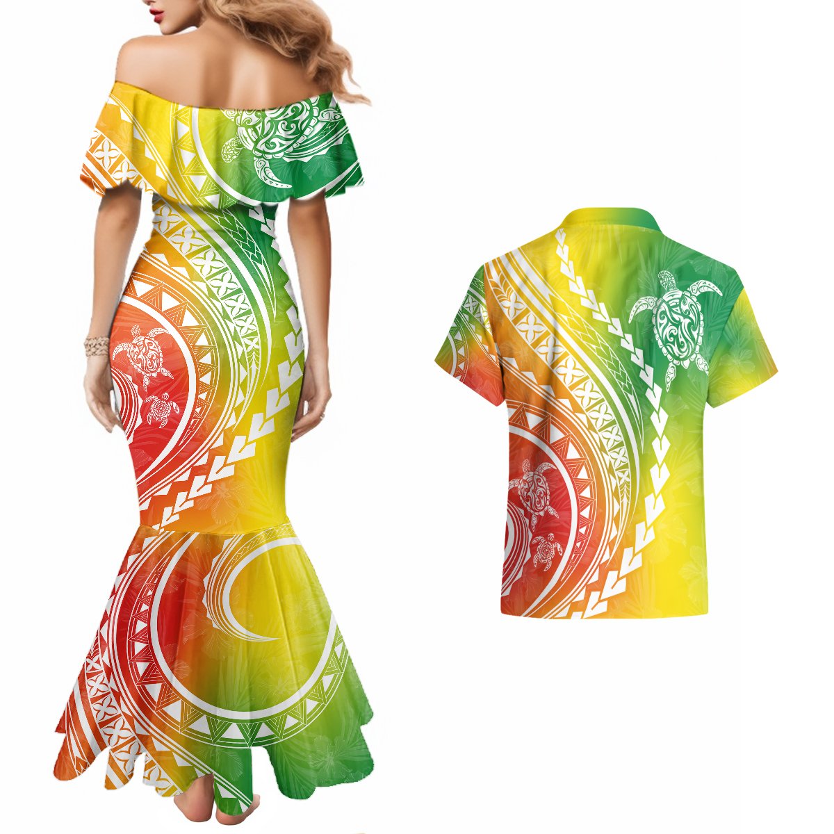 Polynesian Pride Couples Matching Mermaid Dress and Hawaiian Shirt Turtle Hibiscus Luxury Style - Reggae LT7 - Polynesian Pride