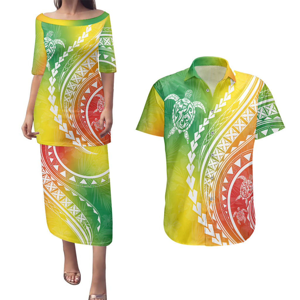 Polynesian Pride Couples Matching Puletasi Dress and Hawaiian Shirt Turtle Hibiscus Luxury Style - Reggae LT7 Reggae - Polynesian Pride