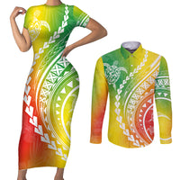 Polynesian Pride Couples Matching Short Sleeve Bodycon Dress and Long Sleeve Button Shirts Turtle Hibiscus Luxury Style - Reggae LT7 Reggae - Polynesian Pride