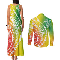 Polynesian Pride Couples Matching Tank Maxi Dress and Long Sleeve Button Shirts Turtle Hibiscus Luxury Style - Reggae LT7 - Polynesian Pride