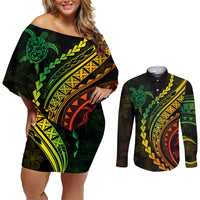 Polynesian Pride Couples Matching Off Shoulder Short Dress and Long Sleeve Button Shirts Turtle Hibiscus Luxury Style - Reggae Ver2 LT7 Reggae - Polynesian Pride