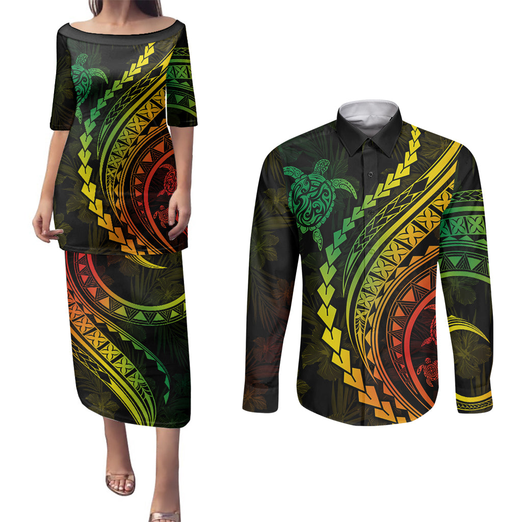 Polynesian Pride Couples Matching Puletasi Dress and Long Sleeve Button Shirts Turtle Hibiscus Luxury Style - Reggae Ver2 LT7 Reggae - Polynesian Pride