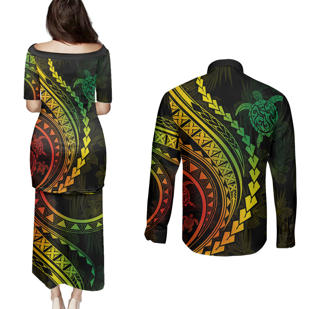 Polynesian Pride Couples Matching Puletasi Dress and Long Sleeve Button Shirts Turtle Hibiscus Luxury Style - Reggae Ver2 LT7 - Polynesian Pride