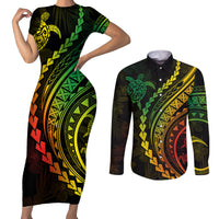Polynesian Pride Couples Matching Short Sleeve Bodycon Dress and Long Sleeve Button Shirts Turtle Hibiscus Luxury Style - Reggae Ver2 LT7 Reggae - Polynesian Pride