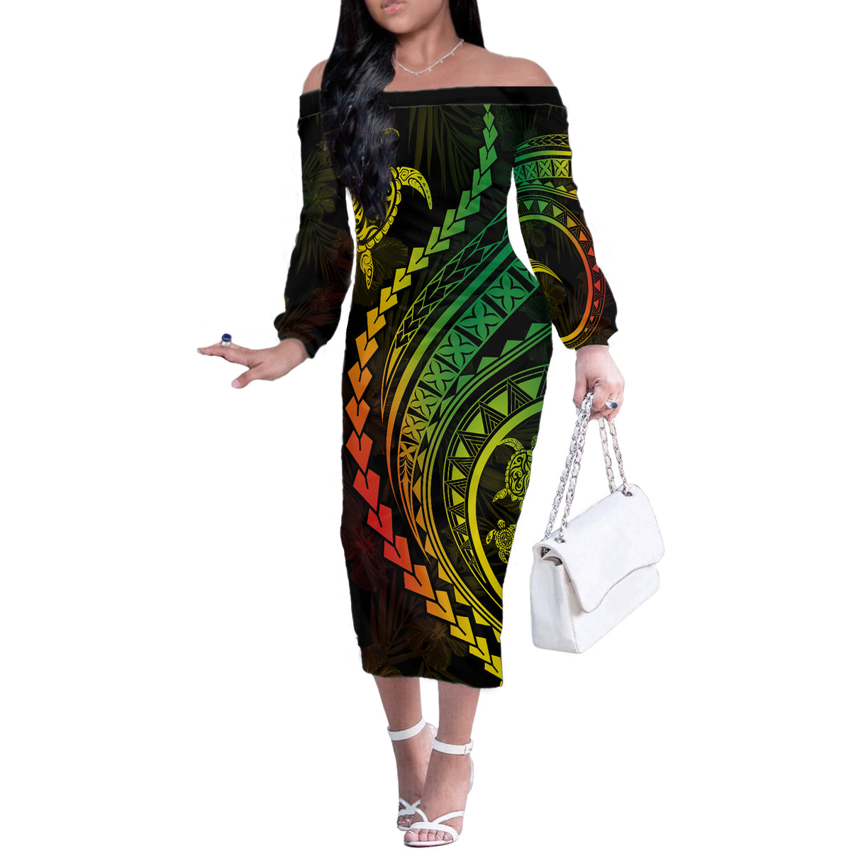 Polynesian Pride Off The Shoulder Long Sleeve Dress Turtle Hibiscus Luxury Style - Reggae Ver2 LT7 Women Reggae - Polynesian Pride