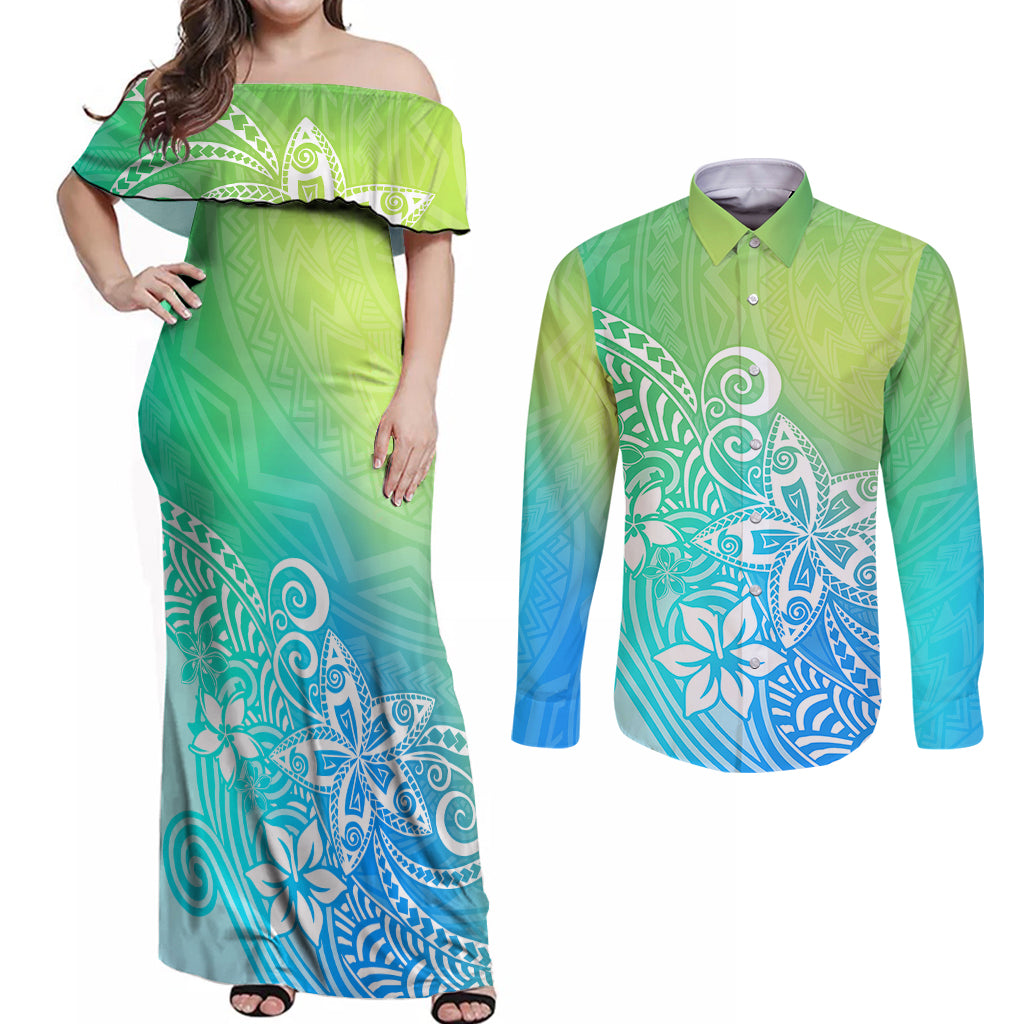 Polynesia Couples Matching Off Shoulder Maxi Dress and Long Sleeve Button Shirts Plumeria Blue Gradient Curves LT7 Blue Green - Polynesian Pride