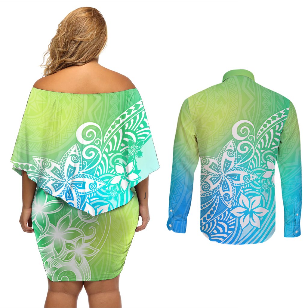 Polynesia Couples Matching Off Shoulder Short Dress and Long Sleeve Button Shirts Plumeria Blue Gradient Curves LT7 - Polynesian Pride