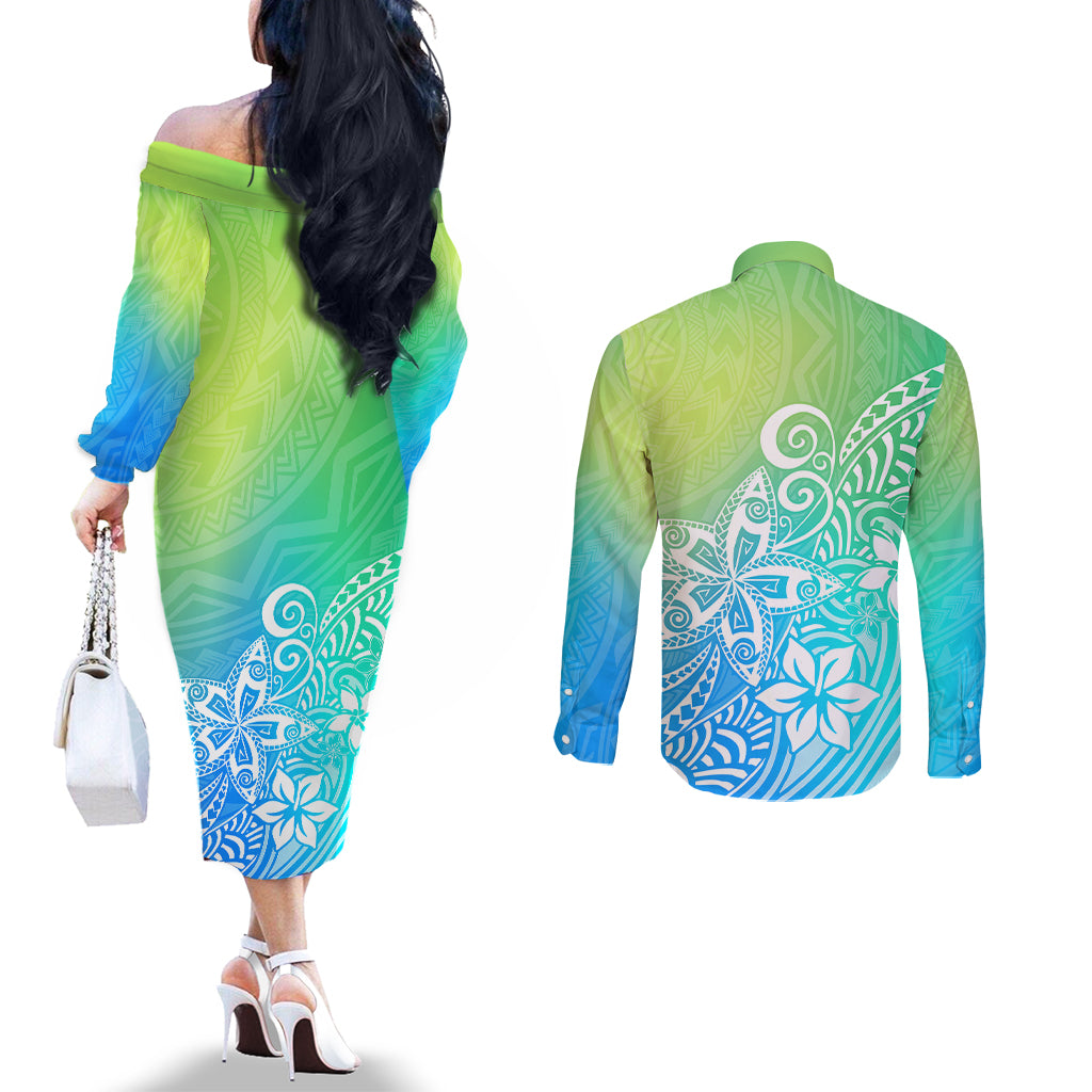 Polynesia Couples Matching Off The Shoulder Long Sleeve Dress and Long Sleeve Button Shirts Plumeria Blue Gradient Curves LT7 - Polynesian Pride