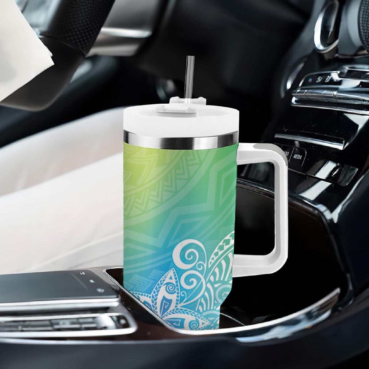 Polynesia Tumbler With Handle Plumeria Blue Gradient Curves