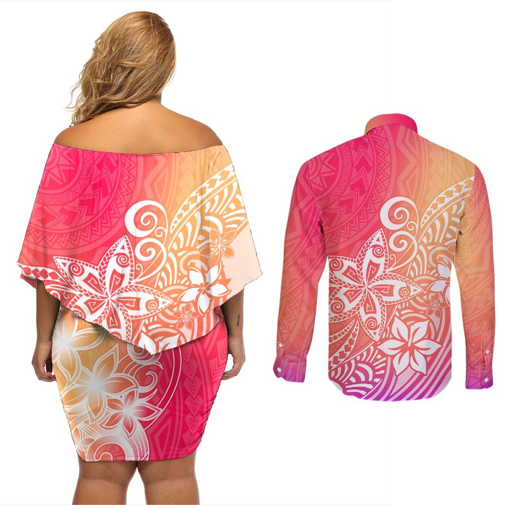Polynesia Couples Matching Off Shoulder Short Dress and Long Sleeve Button Shirts Plumeria Pink Gradient Curves LT7 - Polynesian Pride