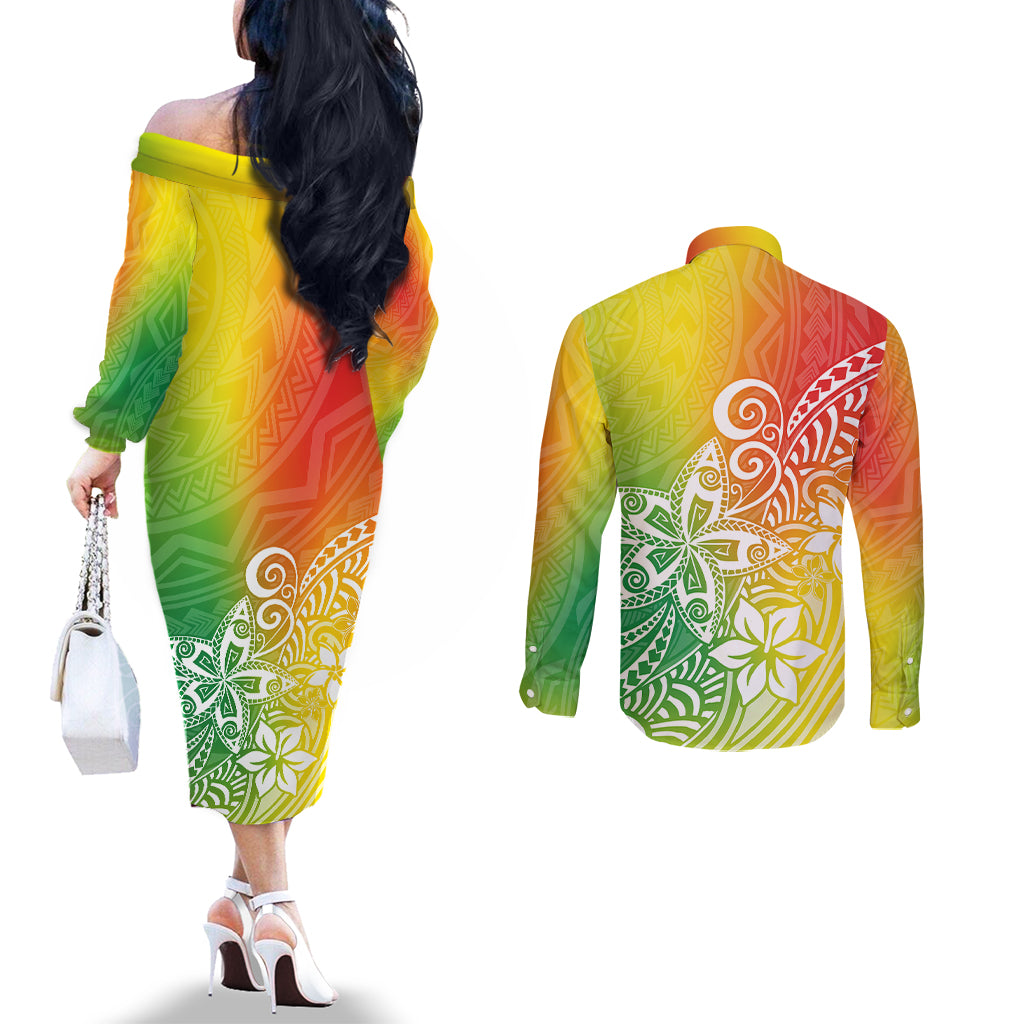 Polynesia Couples Matching Off The Shoulder Long Sleeve Dress and Long Sleeve Button Shirts Plumeria Reggae Curves LT7 - Polynesian Pride