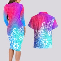 Polynesia Couples Matching Long Sleeve Bodycon Dress and Hawaiian Shirt Plumeria Galaxy Gradient Curves LT7 - Polynesian Pride