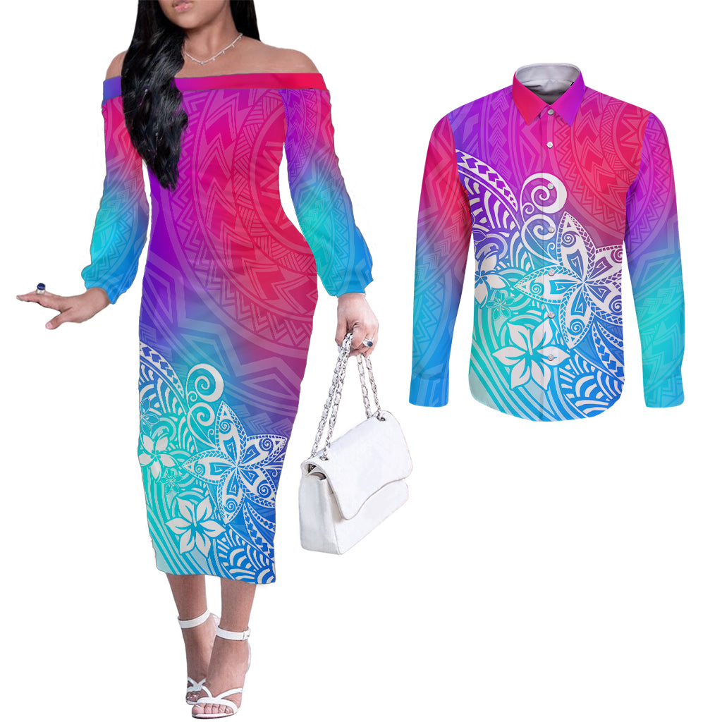 Polynesia Couples Matching Off The Shoulder Long Sleeve Dress and Long Sleeve Button Shirts Plumeria Galaxy Gradient Curves LT7 Galaxy - Polynesian Pride