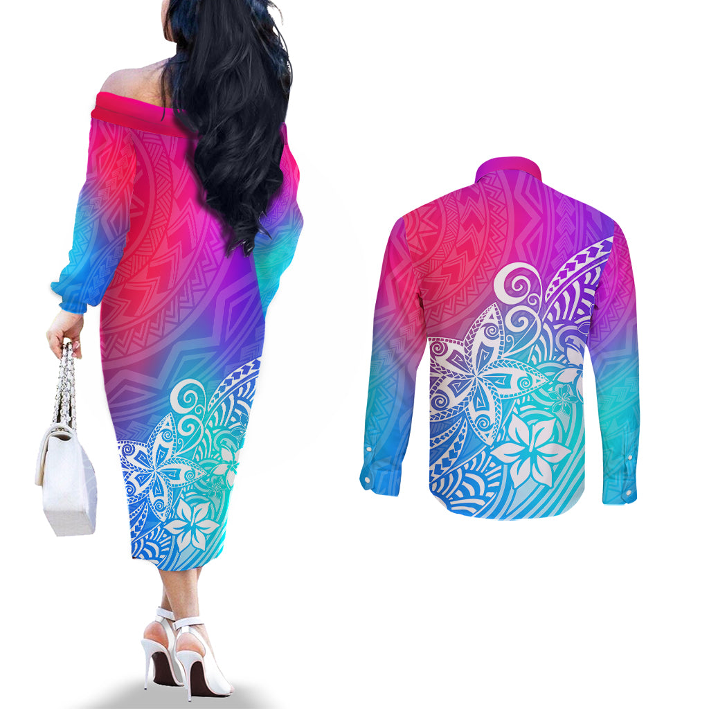 Polynesia Couples Matching Off The Shoulder Long Sleeve Dress and Long Sleeve Button Shirts Plumeria Galaxy Gradient Curves LT7 - Polynesian Pride