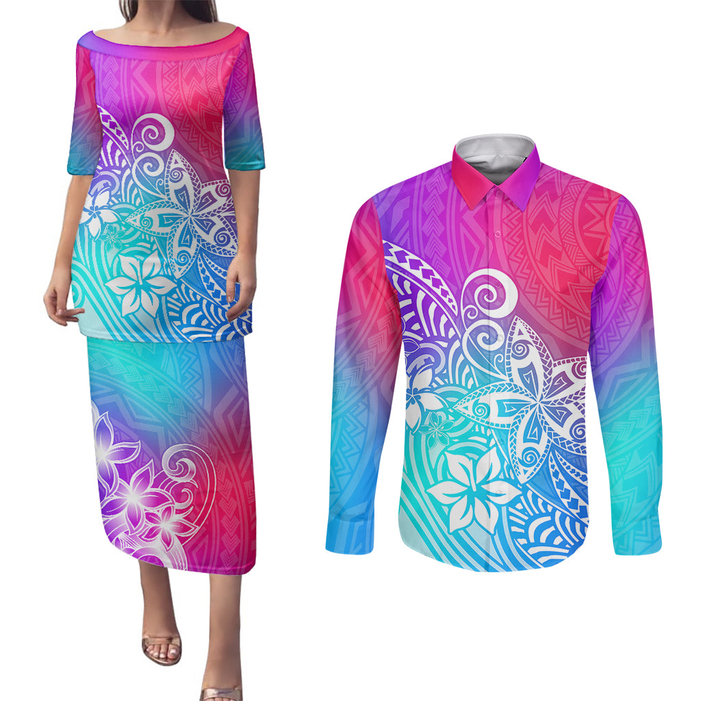 Polynesia Couples Matching Puletasi Dress and Long Sleeve Button Shirts Plumeria Galaxy Gradient Curves LT7 Galaxy - Polynesian Pride