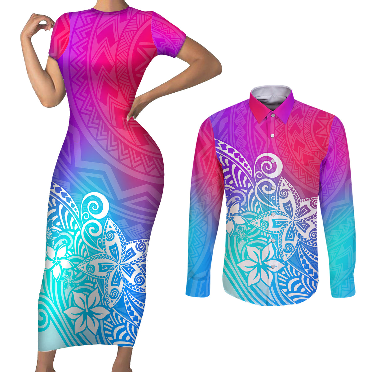 Polynesia Couples Matching Short Sleeve Bodycon Dress and Long Sleeve Button Shirts Plumeria Galaxy Gradient Curves LT7 Galaxy - Polynesian Pride