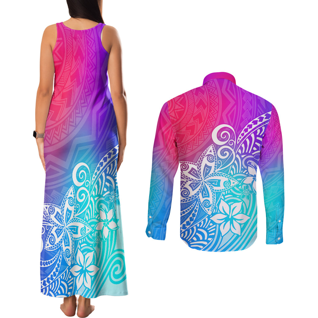 Polynesia Couples Matching Tank Maxi Dress and Long Sleeve Button Shirts Plumeria Galaxy Gradient Curves LT7 - Polynesian Pride