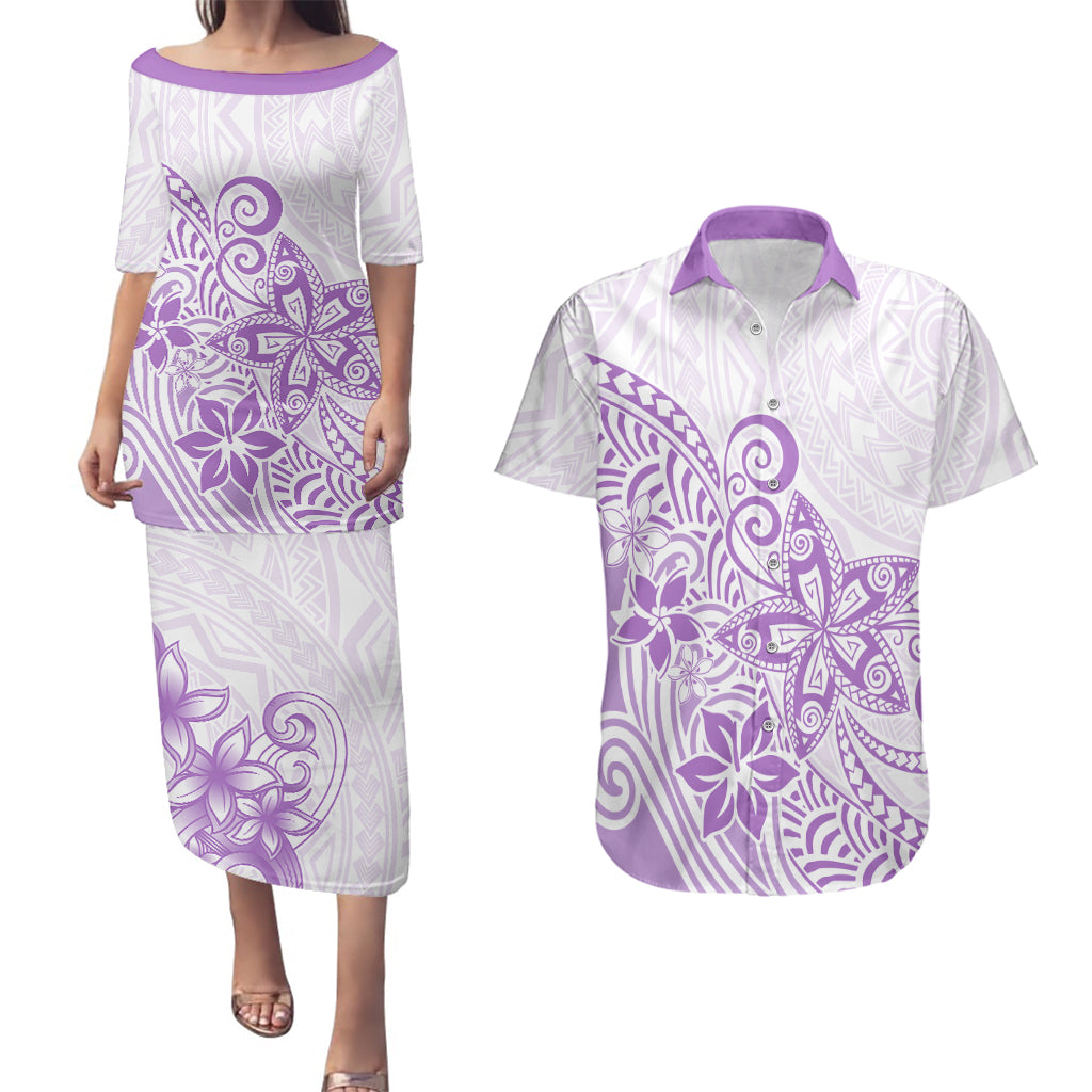 Polynesia Couples Matching Puletasi Dress and Hawaiian Shirt Plumeria Lavender Curves LT7 Purple - Polynesian Pride
