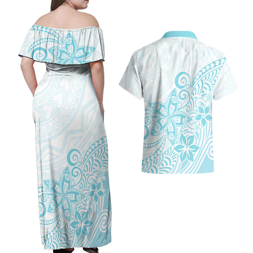 Polynesia Couples Matching Off Shoulder Maxi Dress and Hawaiian Shirt Plumeria Turquoise Curves LT7 - Polynesian Pride