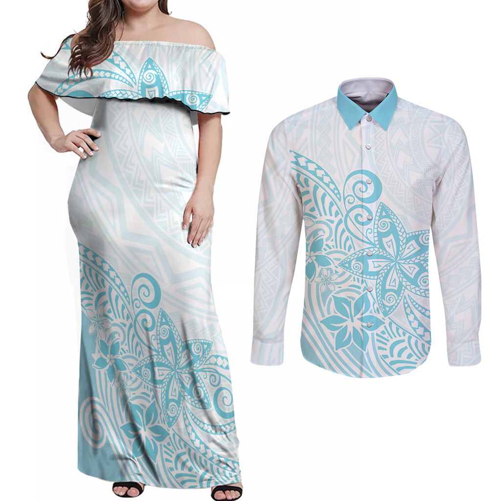 Polynesia Couples Matching Off Shoulder Maxi Dress and Long Sleeve Button Shirts Plumeria Turquoise Curves LT7 Turquoise - Polynesian Pride