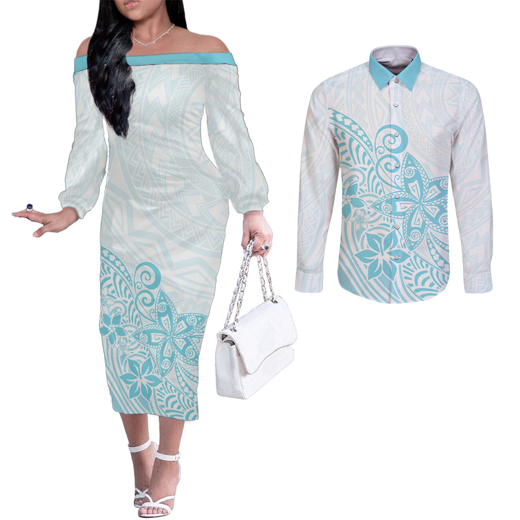 Polynesia Couples Matching Off The Shoulder Long Sleeve Dress and Long Sleeve Button Shirts Plumeria Turquoise Curves LT7 Turquoise - Polynesian Pride