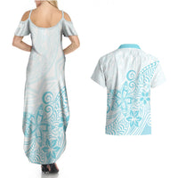 Polynesia Couples Matching Summer Maxi Dress and Hawaiian Shirt Plumeria Turquoise Curves LT7 - Polynesian Pride