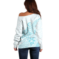 Polynesia Off Shoulder Sweater Plumeria Turquoise Curves LT7 - Polynesian Pride