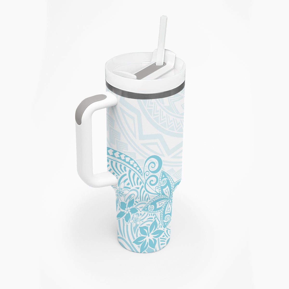 Polynesia Tumbler With Handle Plumeria Turquoise Curves