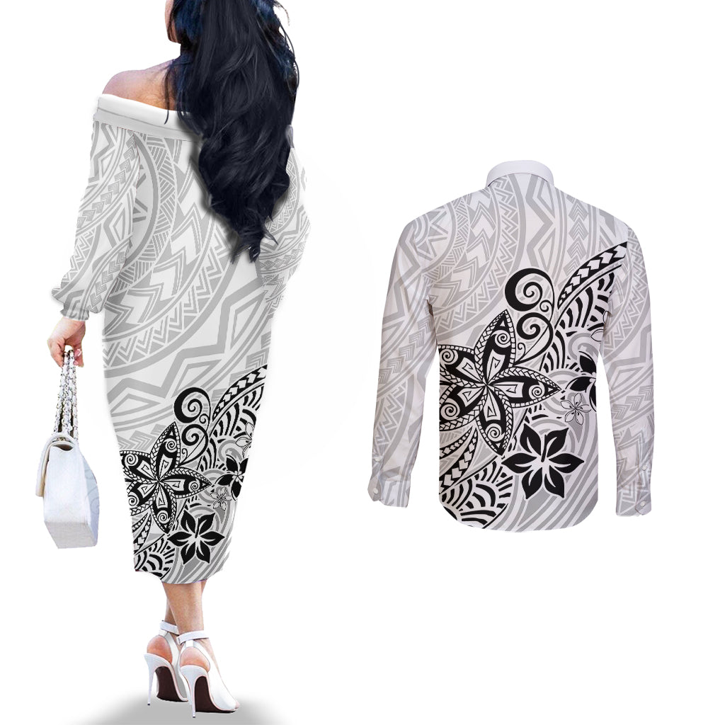 Polynesia Couples Matching Off The Shoulder Long Sleeve Dress and Long Sleeve Button Shirts Plumeria White Curves LT7 - Polynesian Pride