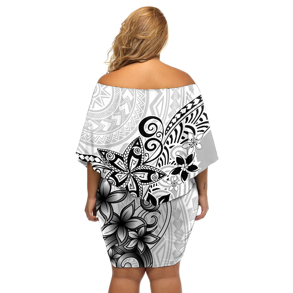 Polynesia Off Shoulder Short Dress Plumeria White Curves LT7 - Polynesian Pride