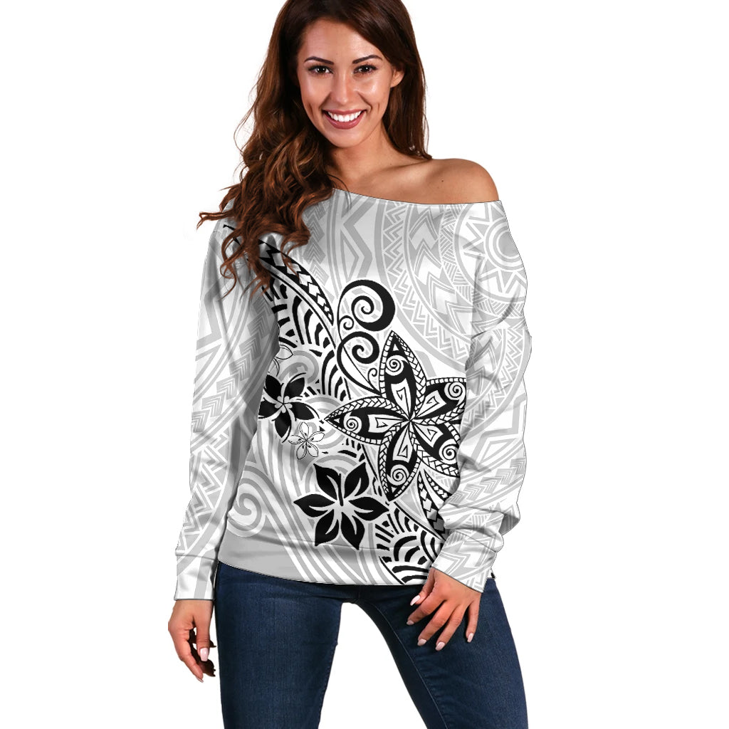 Polynesia Off Shoulder Sweater Plumeria White Curves LT7 Women White - Polynesian Pride