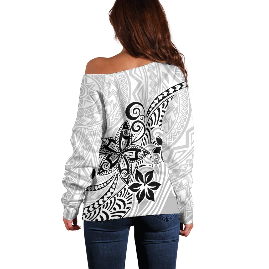 Polynesia Off Shoulder Sweater Plumeria White Curves LT7 - Polynesian Pride
