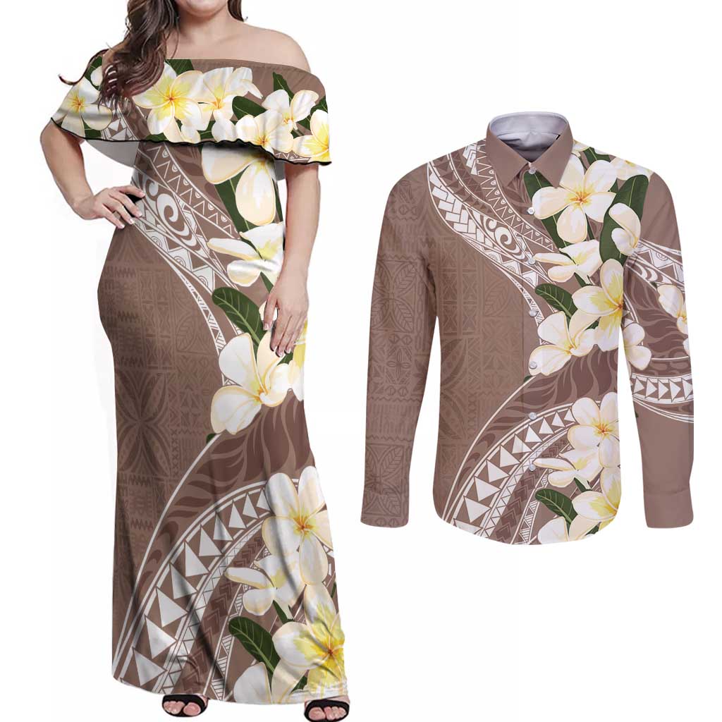Aloha Hawaii Festive Couples Matching Off Shoulder Maxi Dress and Long Sleeve Button Shirt Frangipani Lace Classic - Beige